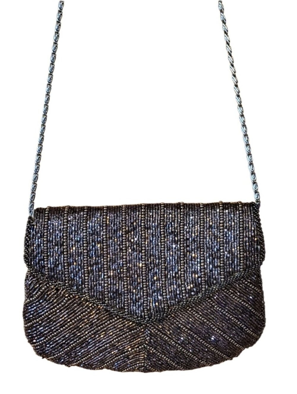 Walborg Metallic Copper Brown Beaded Evening Clutch with Chain Strap